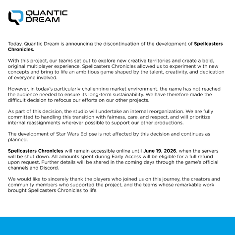 Quantic dream is shutting down the online game spellcasters chronicles development of star wars eclipse is on schedule