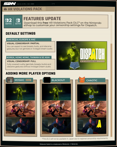 Update for dispatch has loosened censorship on switch and added new options on ps5 and pc